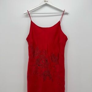 Lets Fashion Red Floral Long Formal Dress 90s Y2k Glam Size XL Vintage